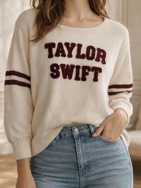Taylor Swift Red Era Varsity Sweater Ivory Chenille Logo Knit Oversized Pullover